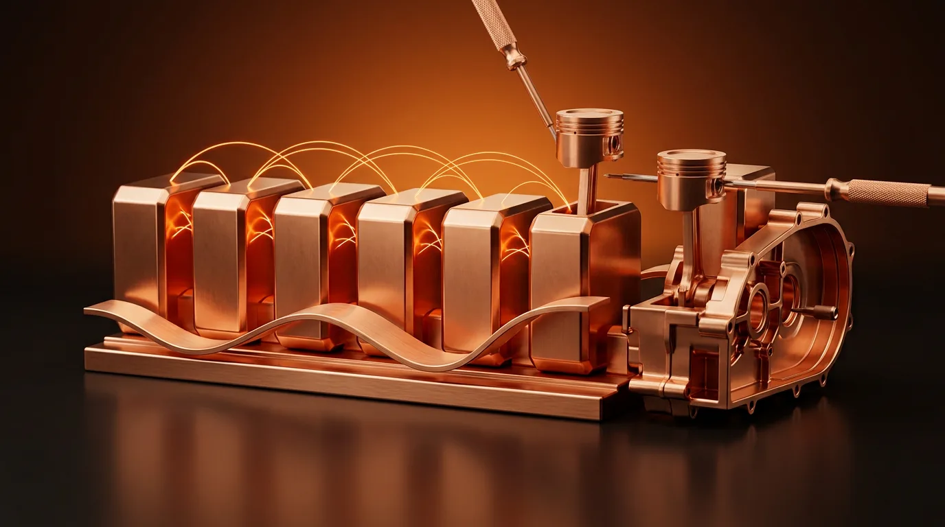 Row of copper blocks joined by glowing attention arcs, being assembled