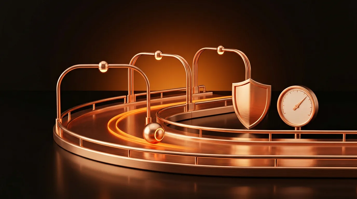 Copper agent on a guarded test track through checkpoint arches, with a shield and gauge
