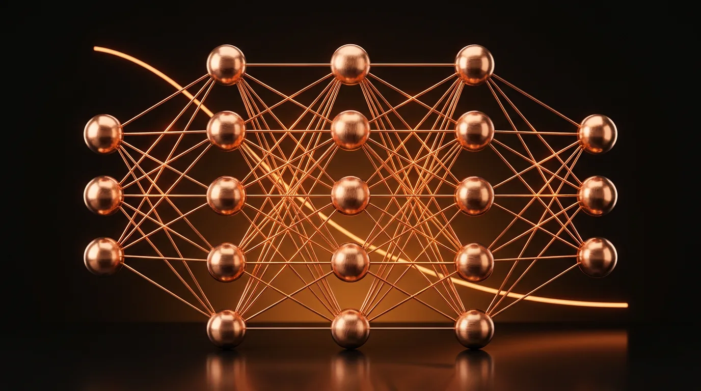 Copper fully connected neural network with a glowing signal and loss curve