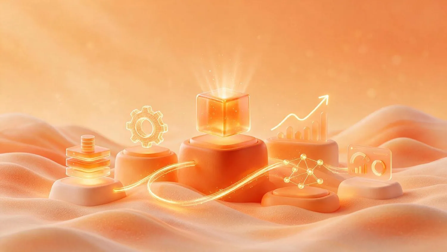 AI-Powered Operations & Process Transformation — glowing process, automation, forecasting and supply-chain icons in warm Varsity orange