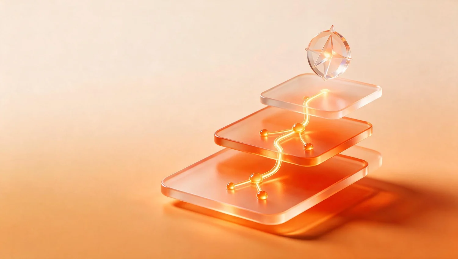 Advanced Certificate in AI Product Management and Leadership — translucent frosted-glass roadmap of three ascending panels linked by a glowing branching path with amber nodes, a faceted glass compass above, in warm Varsity orange