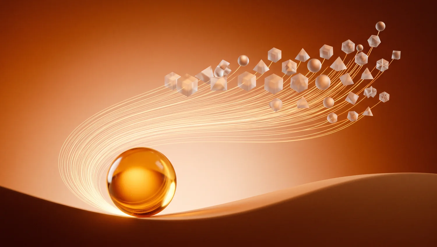 Certificate Programme in Generative AI — a glowing amber glass sphere trailing filaments that resolve into an ascending constellation of translucent geometric forms, in warm Varsity orange