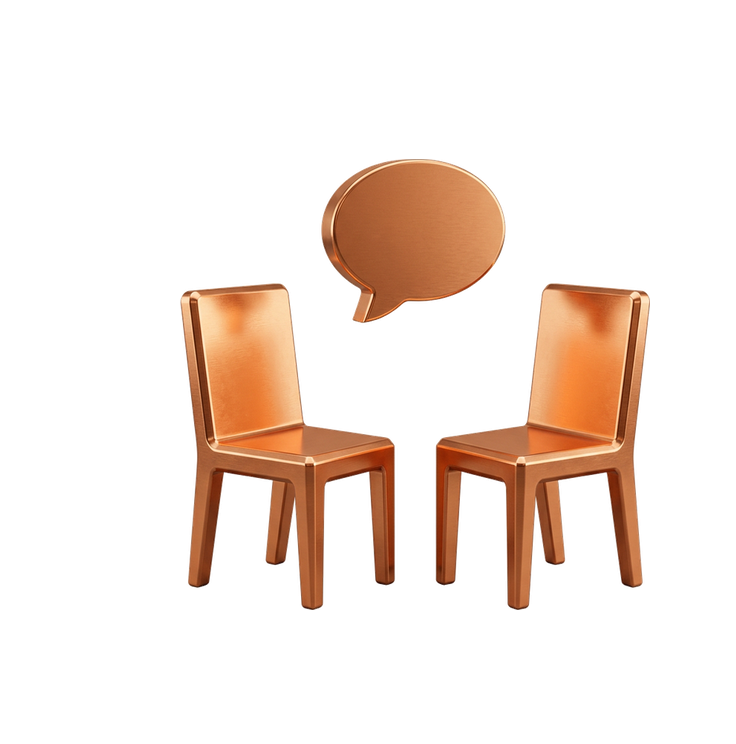 Two copper chairs and a speech bubble for interview preparation