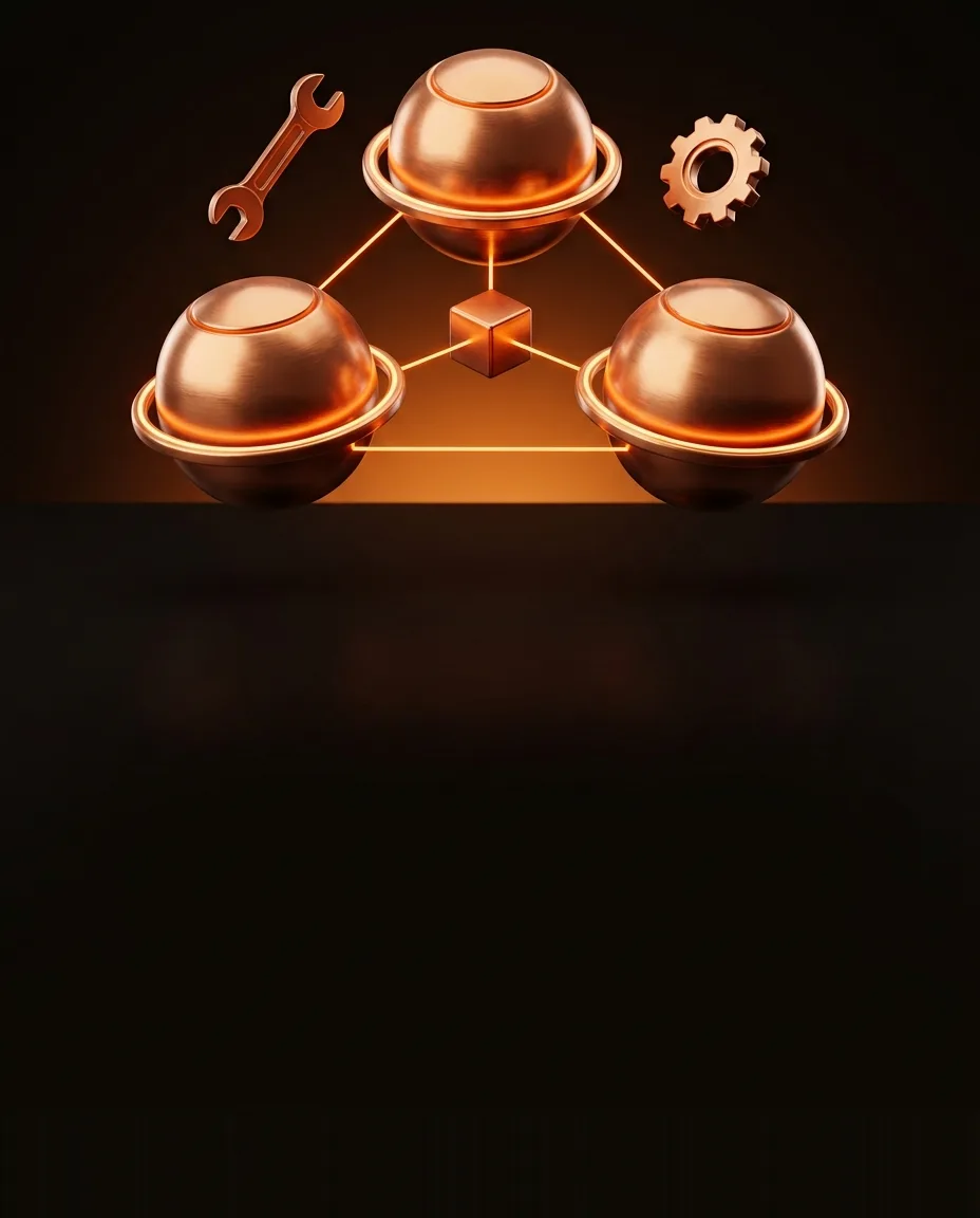 Three copper orb agents passing a glowing cube between them