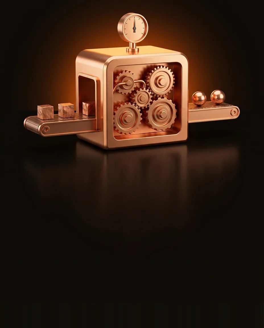 Copper machine turning rough cubes into polished spheres, with a gauge on top