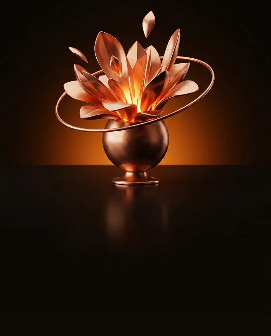 Copper forms bursting upward from a sphere inside a guardrail ring