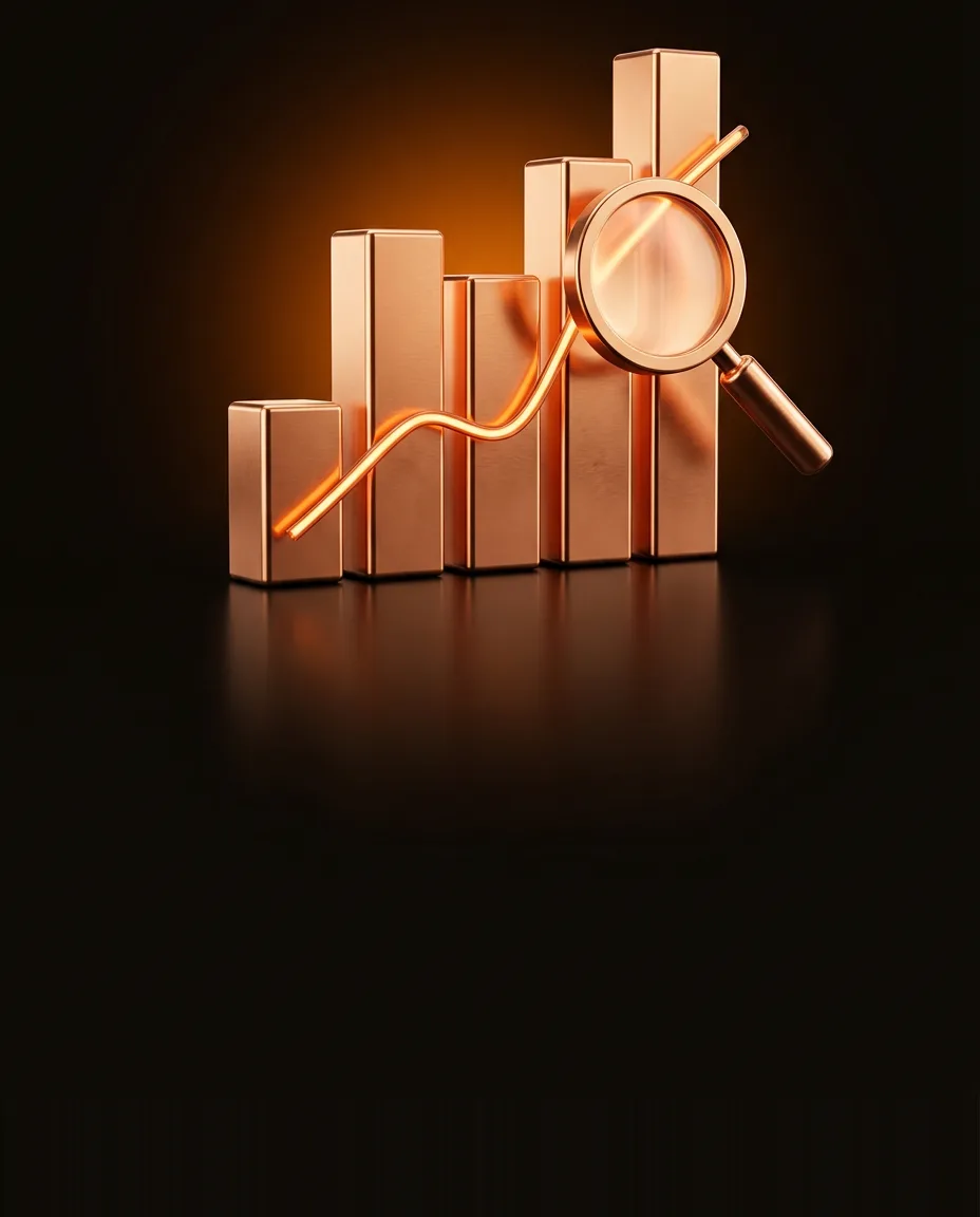 Copper bar chart with a glowing trend line and a magnifying glass