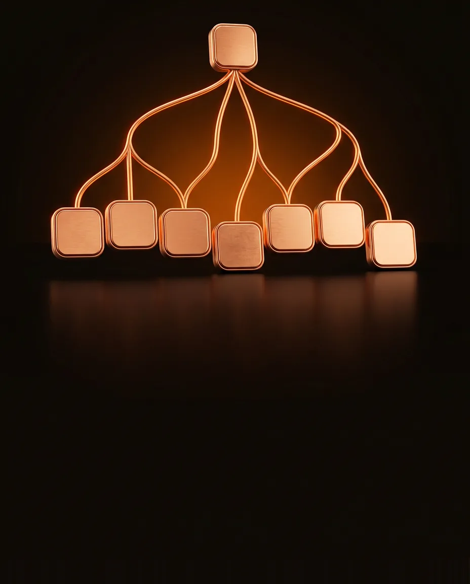 Row of copper word tiles joined into a glowing parse tree