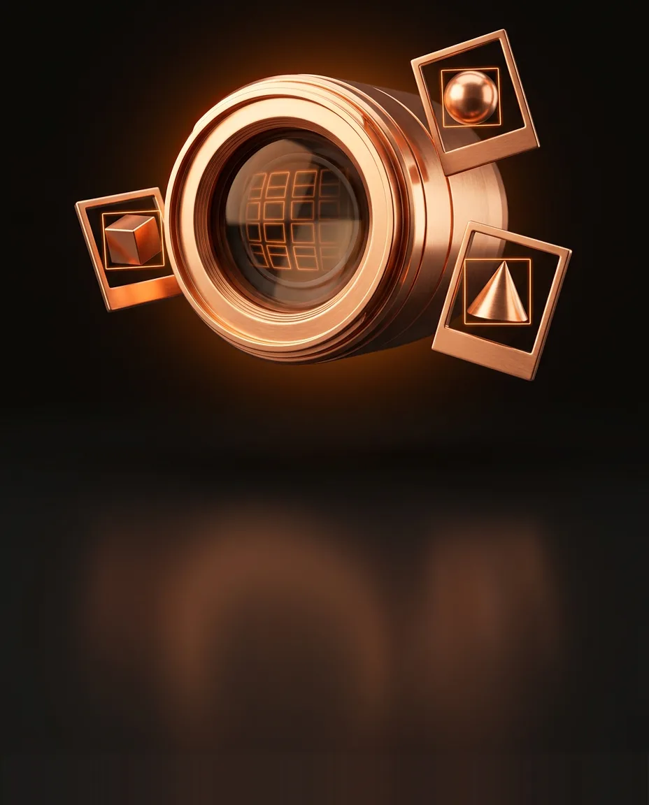 Copper camera lens surrounded by framed objects with detection boxes